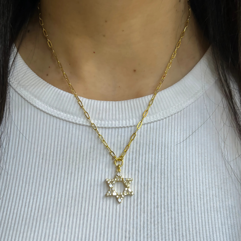 PAPERCLIP CHAIN + BAGUETTE STAR OF DAVID CHARM NECKLACE