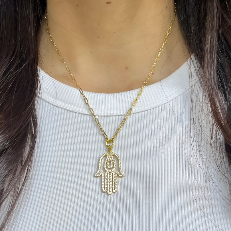 PAPERCLIP CHAIN + PAVE HAMSA CHARM NECKLACE