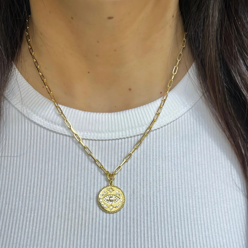 PAPERCLIP CHAIN + COSMIC EVIL EYE CHARM NECKLACE