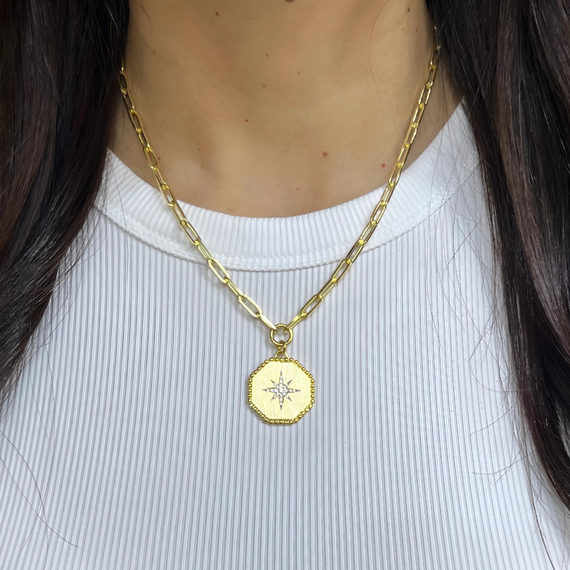 PAPERCLIP CHAIN + MATTED MEDALLION CHARM NECKLACE