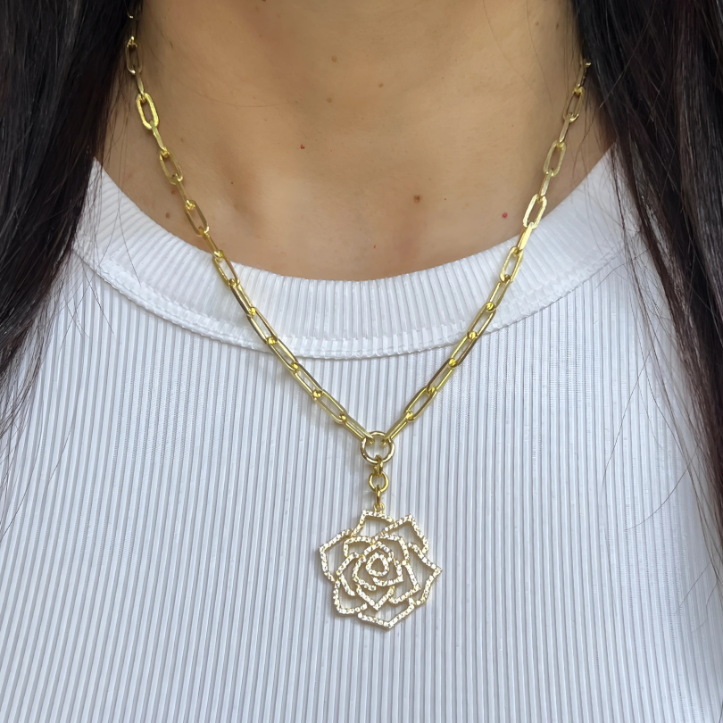 PAPERCLIP CHAIN + PAVE ROSE CHARM NECKLACE