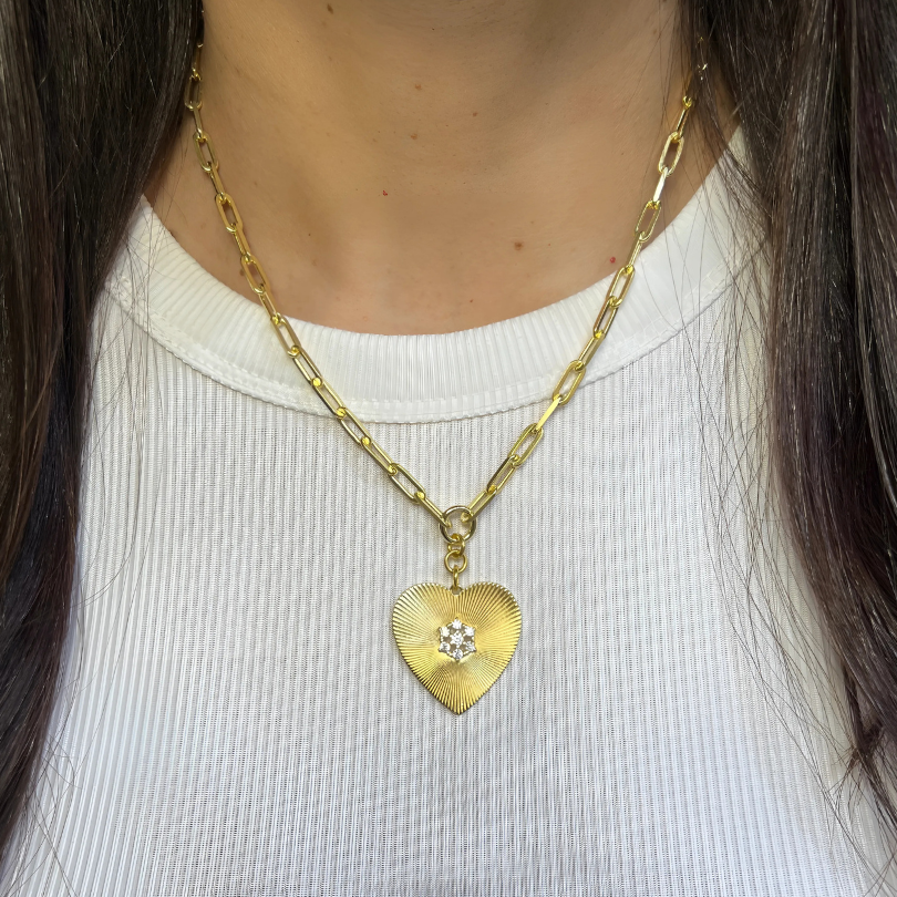 PAPERCLIP CHAIN + LARGE RADIANT HEART CHARM NECKLACE