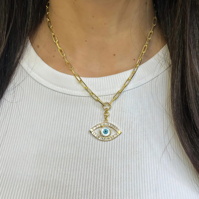 PAPERCLIP CHAIN + BAGUETTE EVIL EYE CHARM NECKLACE