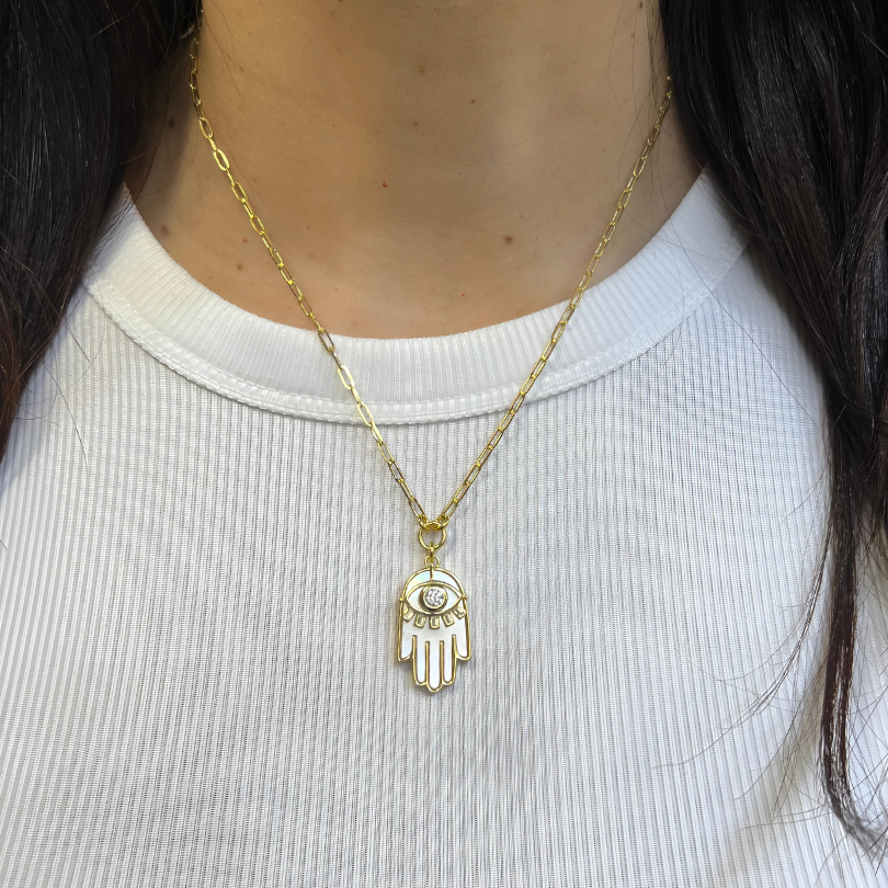 PAPERCLIP CHAIN + MOP HAMSA CHARM NECKLACE