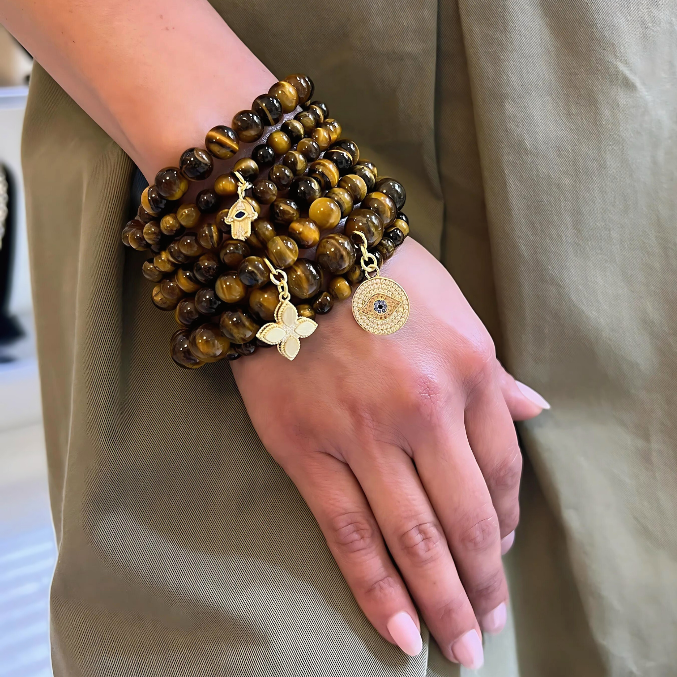 TIGER EYE BRACELET WITH EVIL EYE CHARM