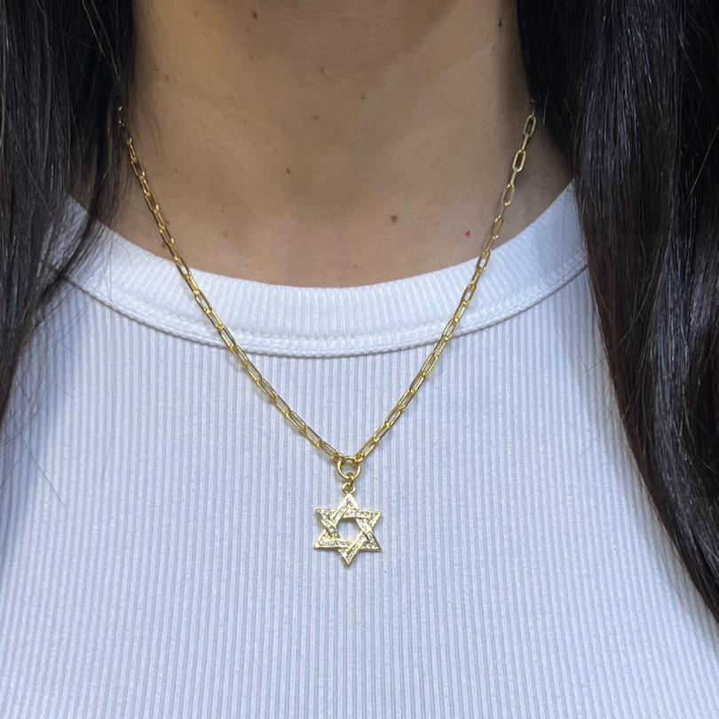 PAPERCLIP CHAIN + PAVE STAR OF DAVID CHARM NECKLACE