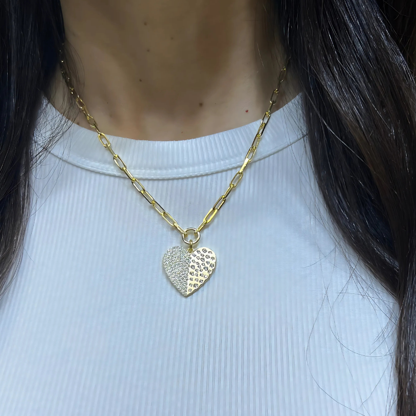 PAPERCLIP CHAIN + PAVE HEART CHARM NECKLACE