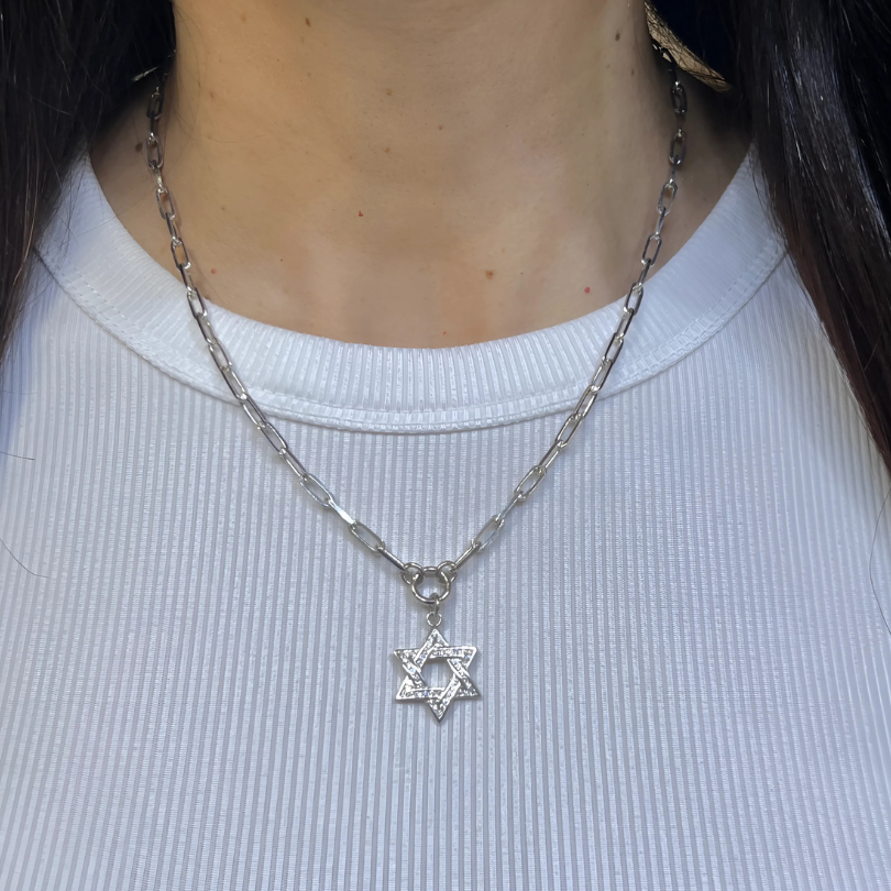 PAPERCLIP CHAIN + PAVE STAR OF DAVID CHARM NECKLACE