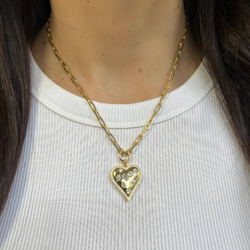 PAPERCLIP CHAIN + ENCRUSTED CZ HEART CHARM NECKLACE