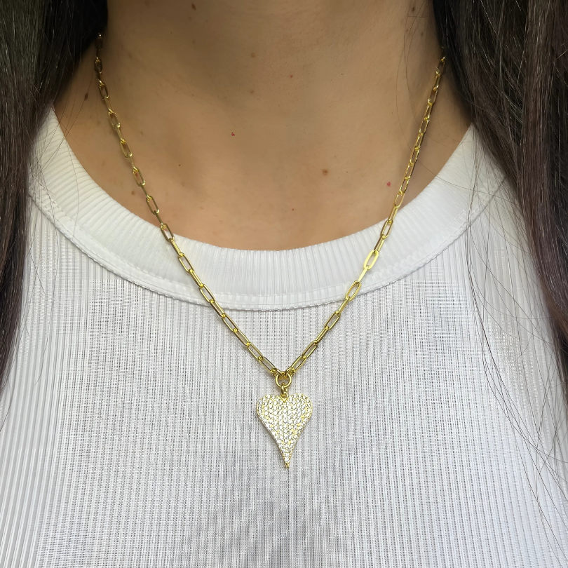 PAPERCLIP CHAIN + PAVE STRETCH HEART CHARM NECKLACE