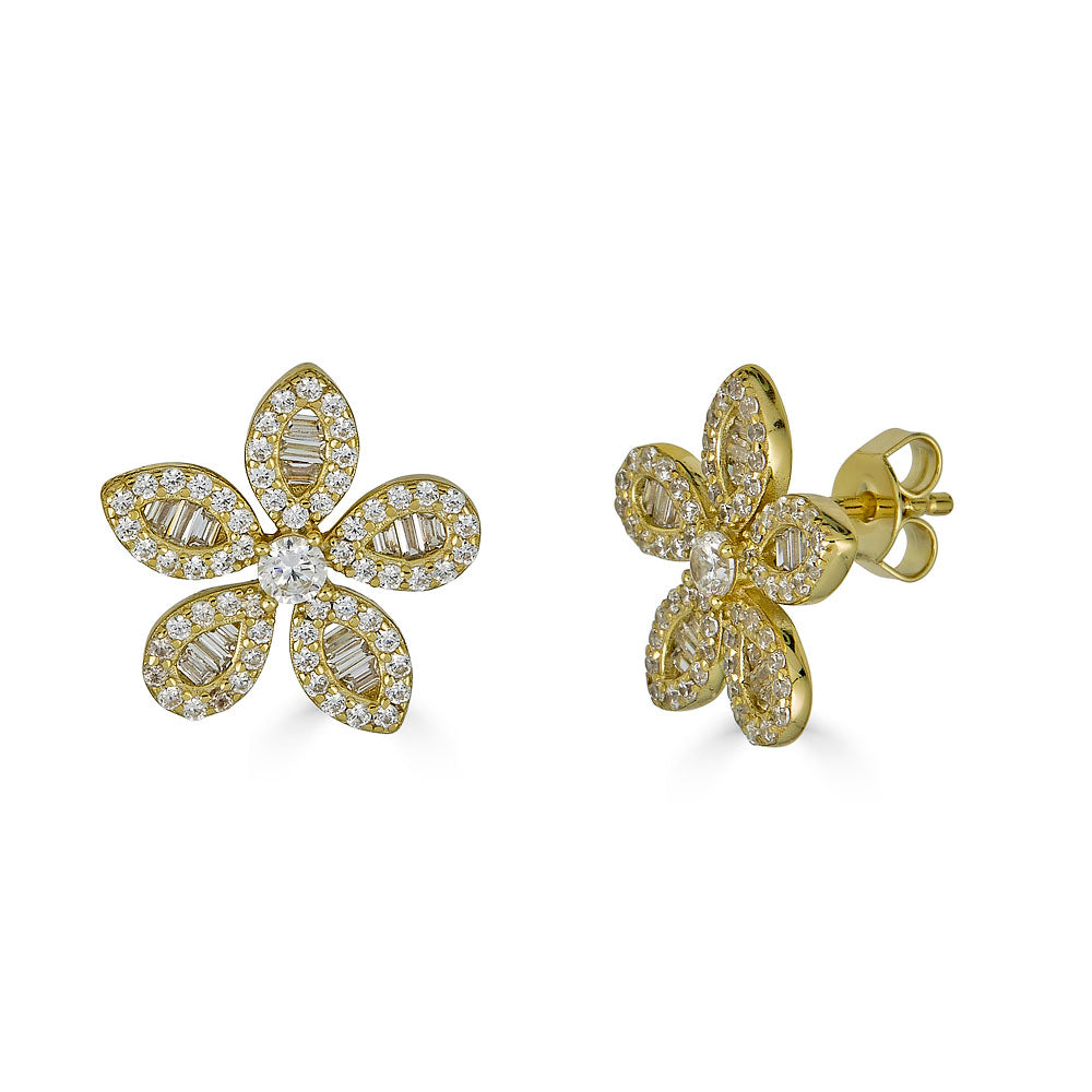 MIX New York, affordable fashion jewelry, BAGUETTE CZ FLOWER STUD EARRING, gold, silver, cubic zirconia, black, pink