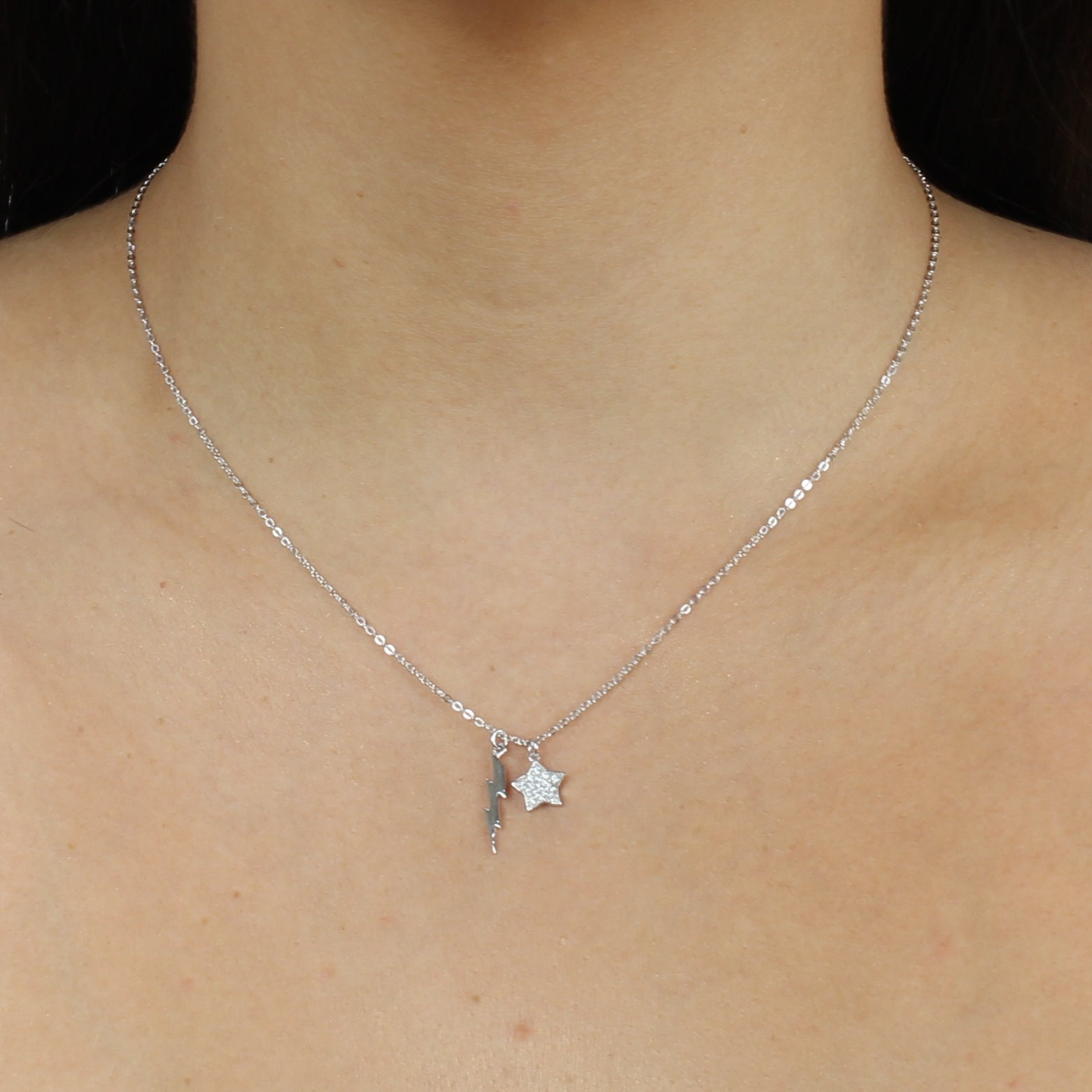 PAVE STAR & POLISH BOLT CHARM NECKLACE